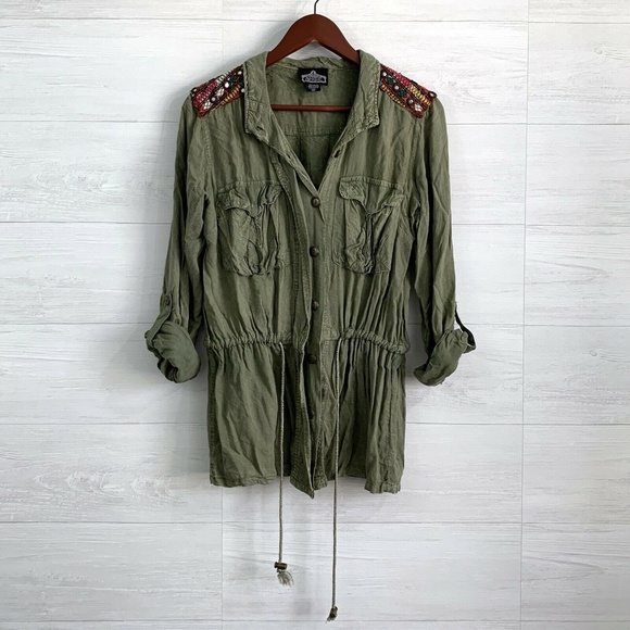 Angie Tops - Angie Olive Green Embroidered Shoulder Shirt